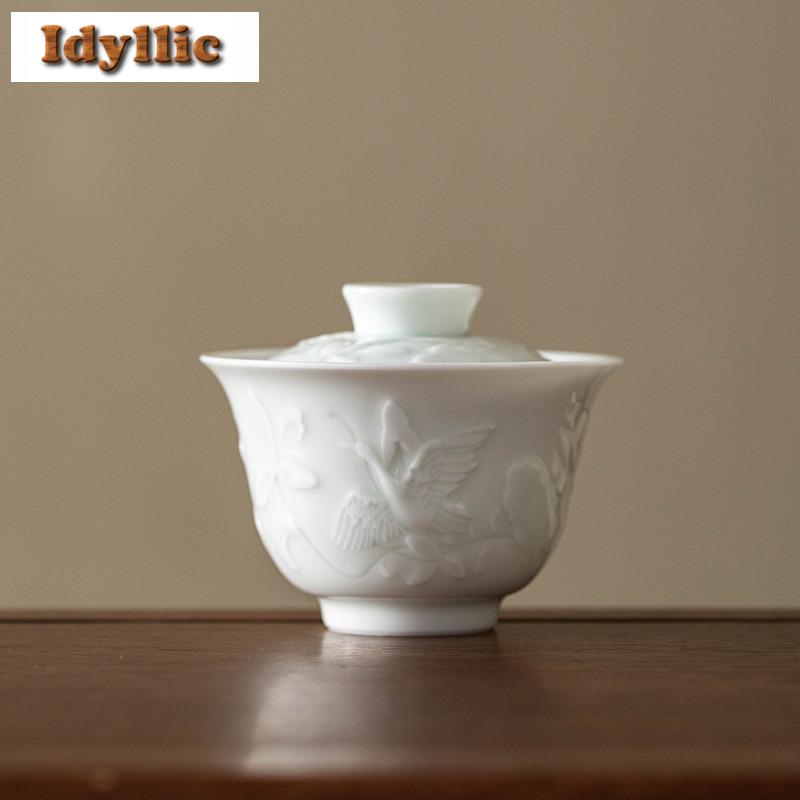 135ML Relief Misty Blue Gaiwan Ancient Tea Tureen Household Tea Bowl With Lid Kit Tea Brewing Cover Bowl Cafes Accessories Gift