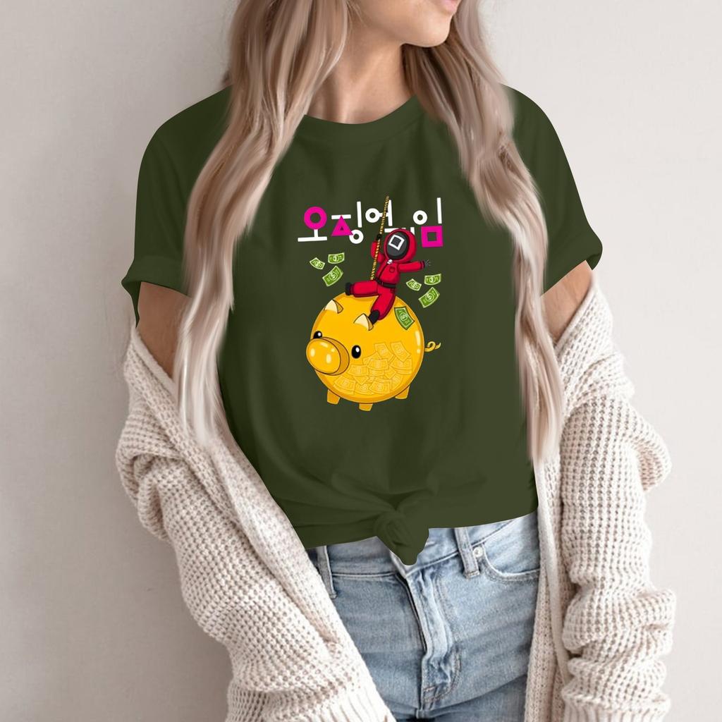 Damen Rundhals Bedrucktes Kurzarm T-Shirt Top