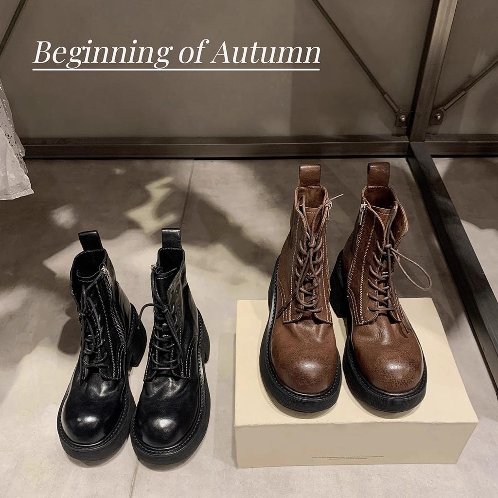 Leather Shrink Horse Leather Lace-up Thick Heel Platform Martin Boots Women's Autumn and Winter