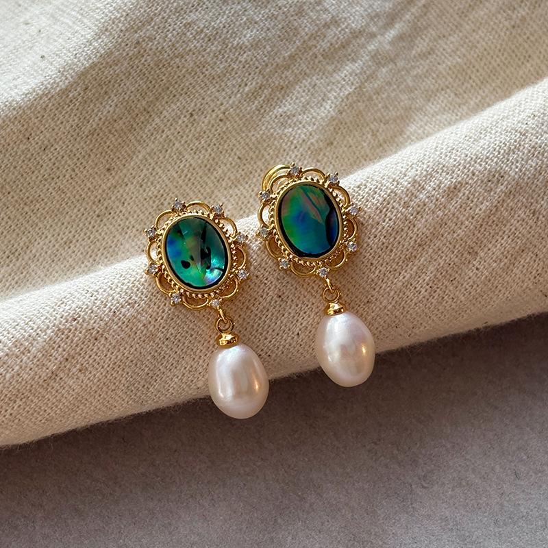 

Medieval vintage silver needle earrings real gold electroplated round flower glass pearl stud earrings premium feeling earrings