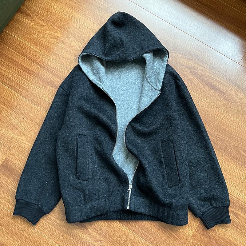 Heavyweight Double-Sided Wool Hooded Jacket Coat, Double Layer Color Block, Zipper Hoodie for Men and Women.