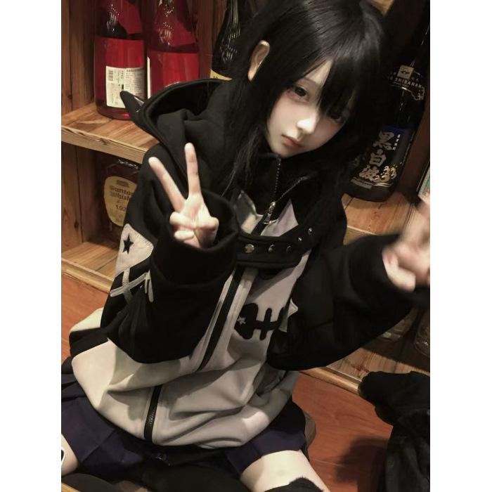 

Japanese Style Stand Collar Sweatshirt Jacket with Color Block Splicing, Cute Detachable Hood, Perfect for Autumn XL