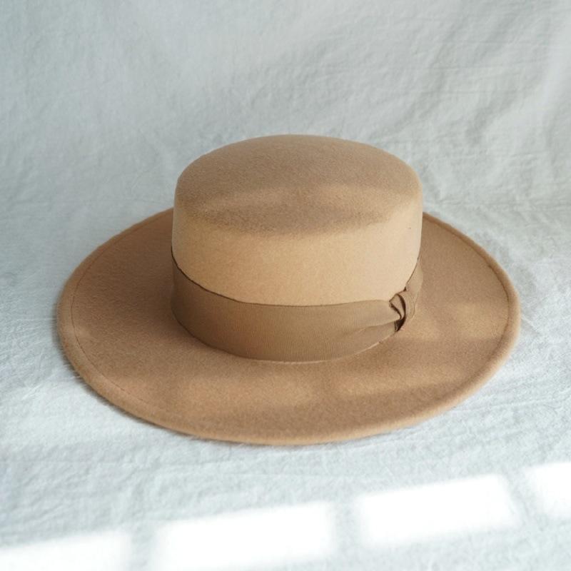 French retro oat wool woolen flat top top hat women's autumn and winter versatile British wide brim Panama camel felt hat