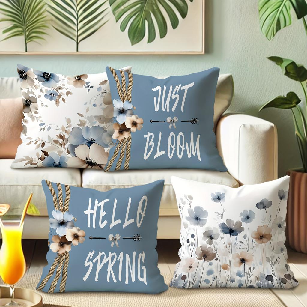 1pcs Pillow Case, Hello Spring and Floral Print Pillowcase, Living Room Sofa Chair Cushion Cover, Bedroom Room Decoration