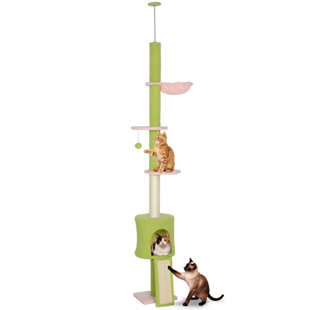 Floor-to-Ceiling Cat Tree, 5 Levels 220-240 Cm, Flower Platforms, Den, Hammock, Green