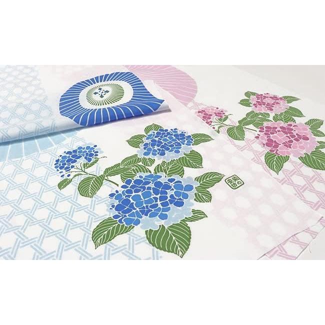 Somen Anbo Tenugui "Kasa and Hydrangea - Light Blue" Hand-dyed 100% Cotton Tokuoka Made in Japan 35cm x 100cm Traditional Pattern
