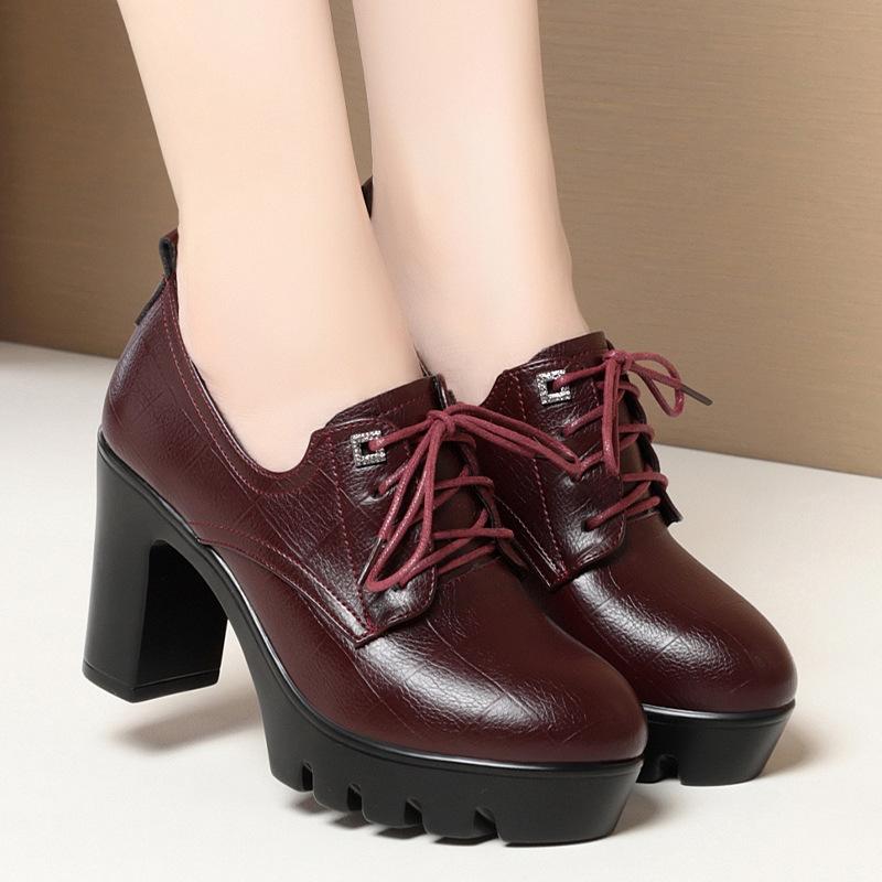 Mote Britisk Stil Mykt Skinnsko Dame Chunky Platform Pumps 2024 Vårblokk Høye Hæler Oxfords For Kontor Modell Mote