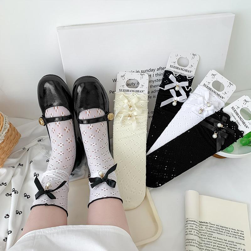 

Ladies Spring and Summer Thin Curls Hollow Lace Pearl Ballet Bow Lace Pile Socks 1 pair чорний/білий