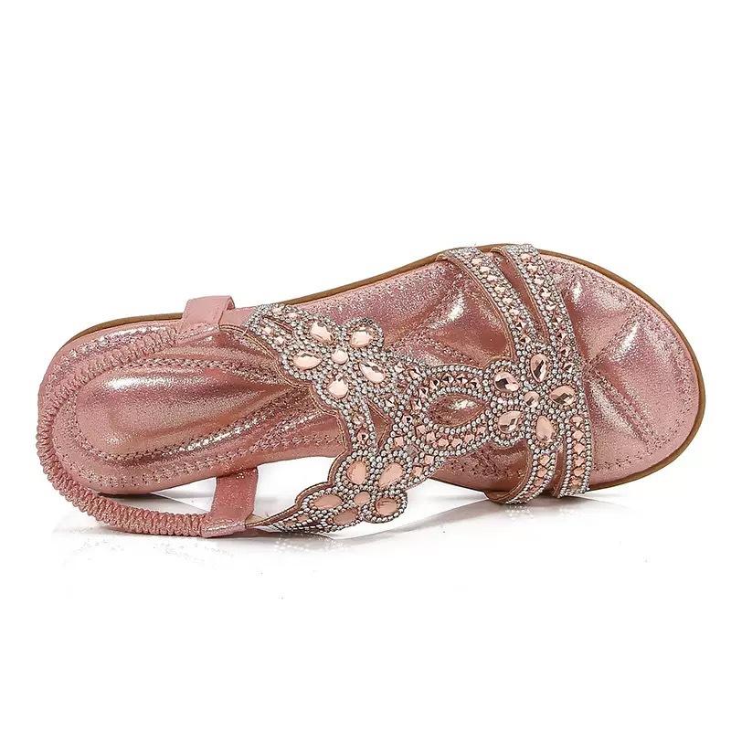 Women's Flat Rhinestone Sandals Bohemian Sandals Summer Non Slip Beach Elastic Low Heels Roman Sandals Sandalias