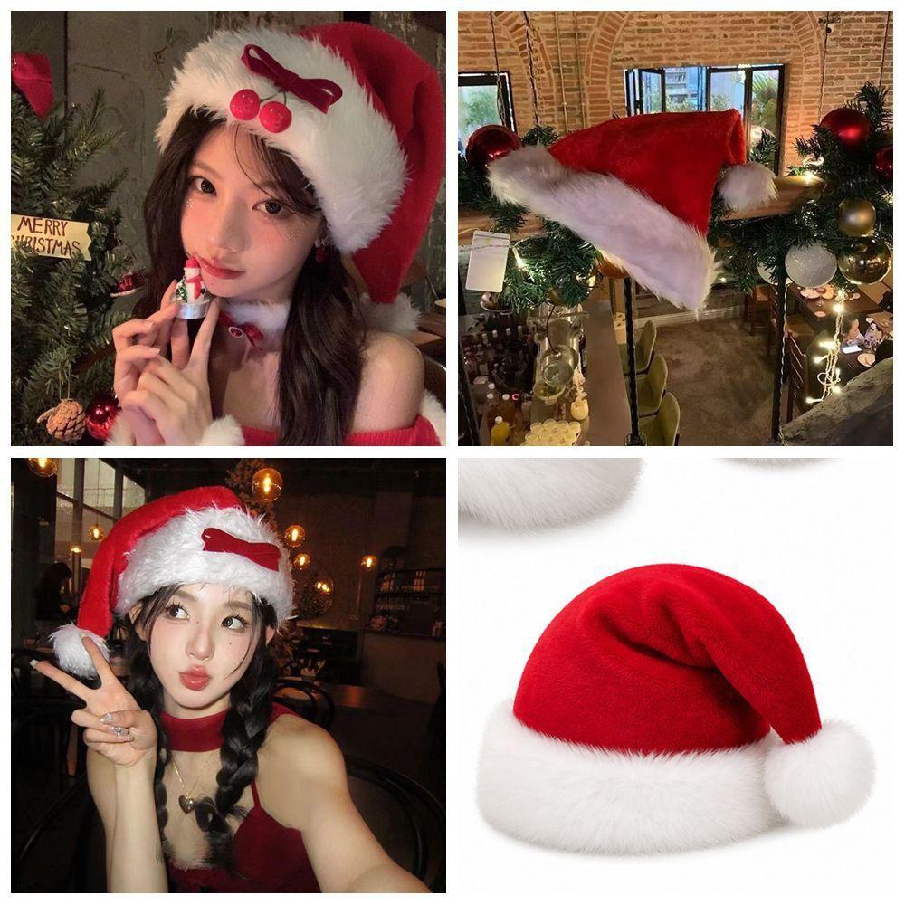 Plush Fabric Red Santa Hat Soft Plush Trim Long Fur Hat Durable Christmas Hat Christmas