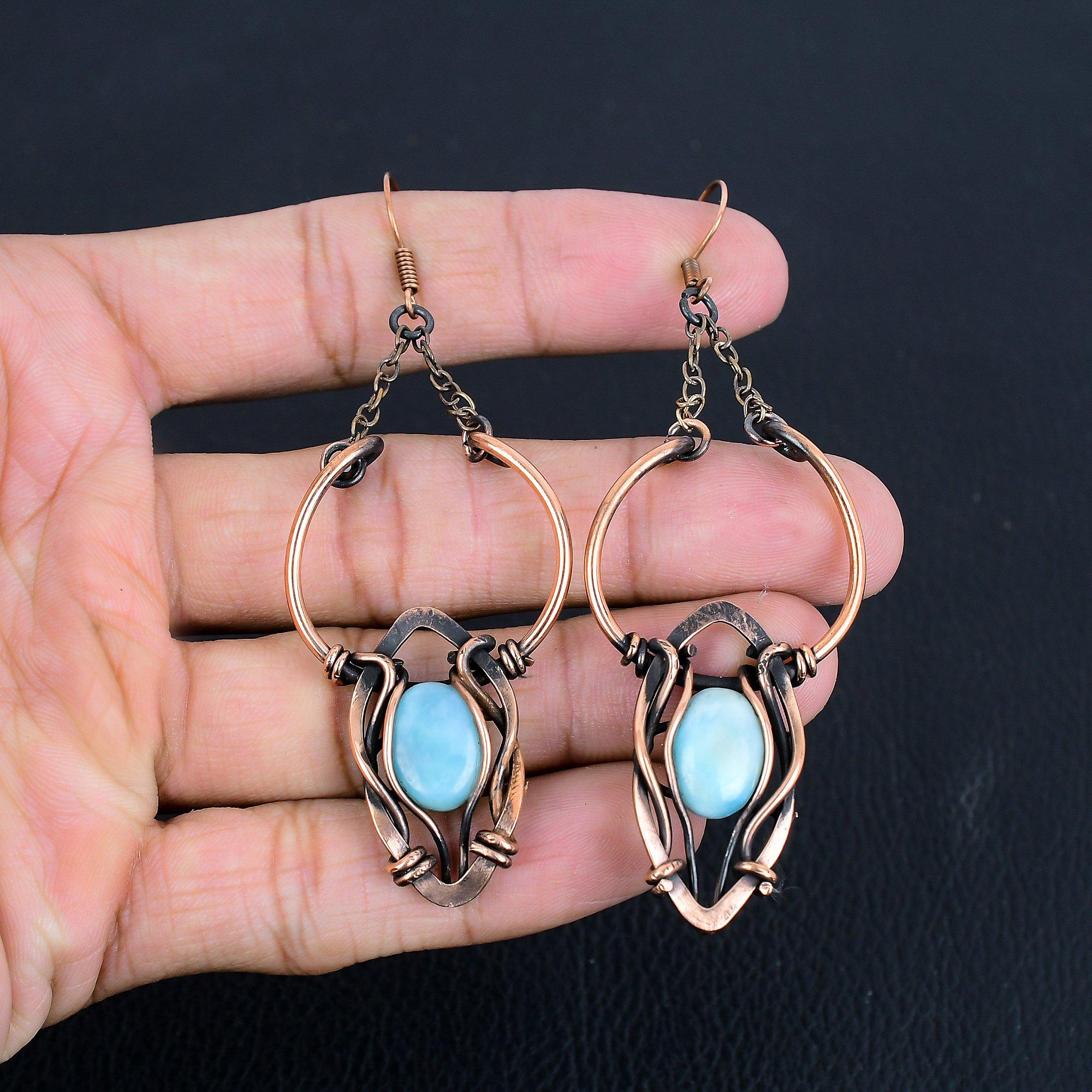 

Серьги с ларимаром, Ювелирные изделия, обернутые медной проволокой 999 пробы, Серьги с драгоценными камнями, Подарок для нее, Изящные ювелирные изделия ручной работы 2.55 Inches