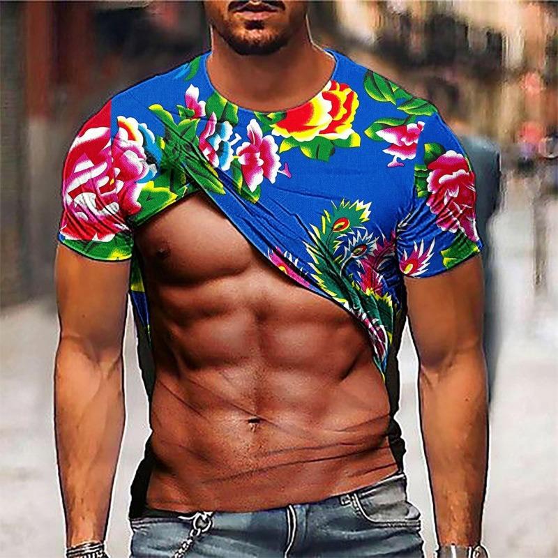 Pánské 3D tištěné tričko s krátkým rukávem s falešnými svaly, 3D tričko s břišními svaly, ležérní pulovr s krátkým rukávem