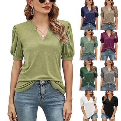Camiseta Informal de Verano para Mujer con Cuello en V, Color Sólido, Mangas Abullonadas, Corte Holgado, Top para Mujer, Ropa Transfronteriza Europea y Americana