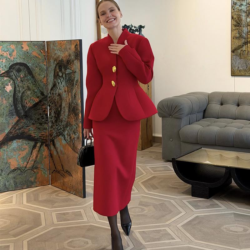 2026 Frühling Elegantes Damen-Anzugjacken- und High-Waist-Rock-Set mit langen Ärmeln