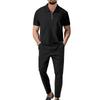 Men Spring Autumn New Solid Color Waffle Knit Collared Half Zip Polo Shirt Pants Set