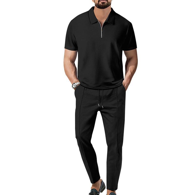 Men Spring Autumn New Solid Color Waffle Knit Collared Half Zip Polo Shirt Pants Set
