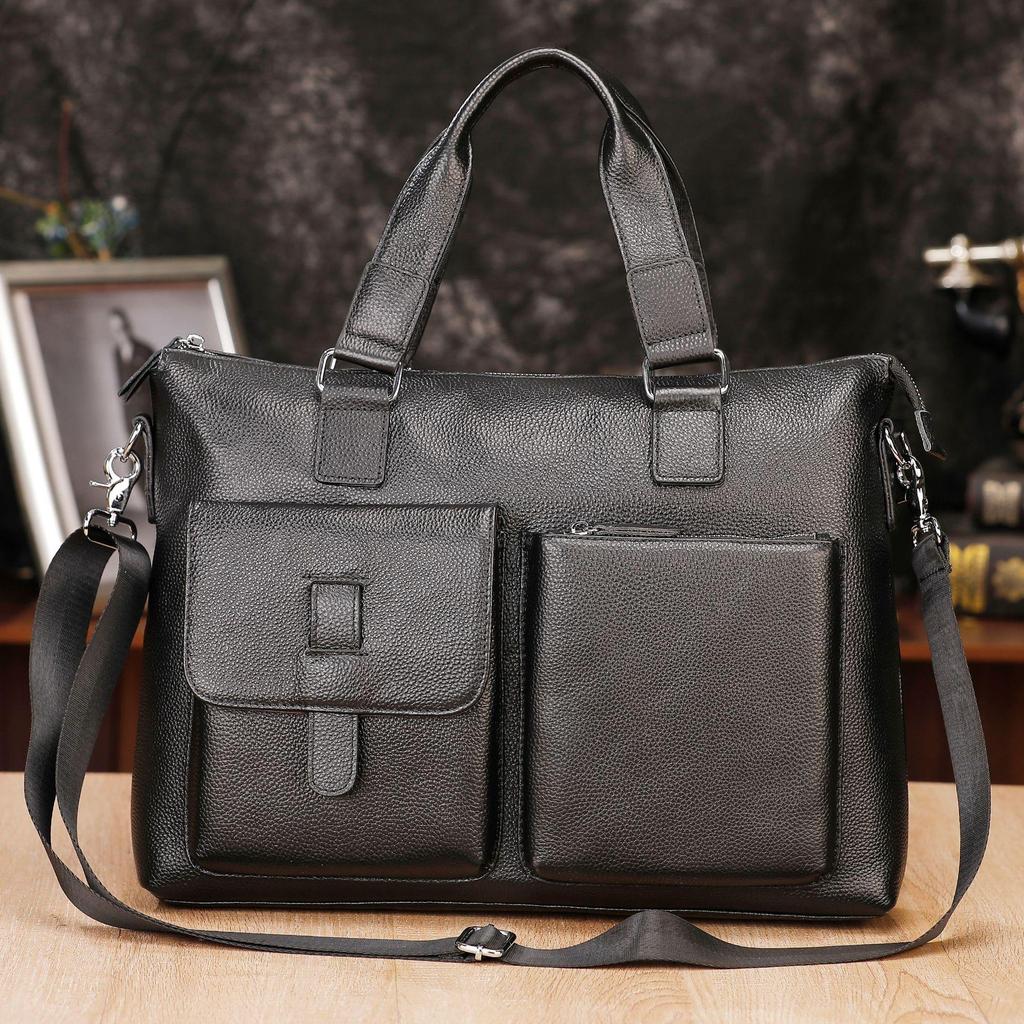 Men's Genuine Leather Laptop Briefcase 16-Inch: Spacious Cowhide Crossbody Shoulder Bag