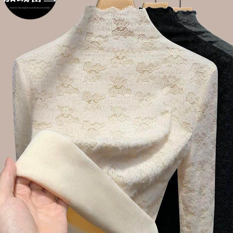 Dámská flanelová košile s vysokým límcem a krajkou - Stylová teplá základní vrstva pro podzim/zimu