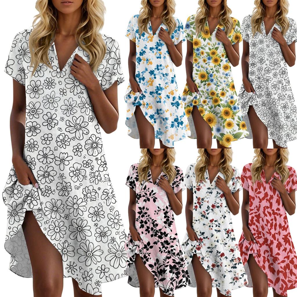 Damen Freizeitmode Revers Blumenmuster Kleid Kurzarm V-Ausschnitt Kurzer Rock