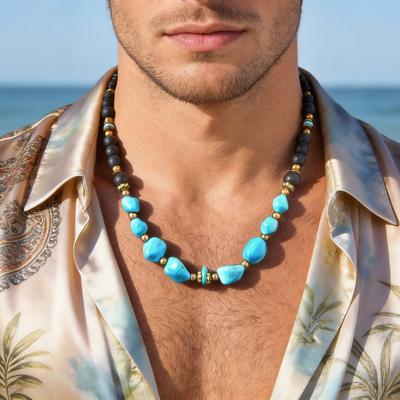 Vnox Natural Stone Beaded Necklace for Men Women, Black Onyx Turquoise 45-50cm Adjustable Chain Boho Trendy Jewelry Gifts Unisex