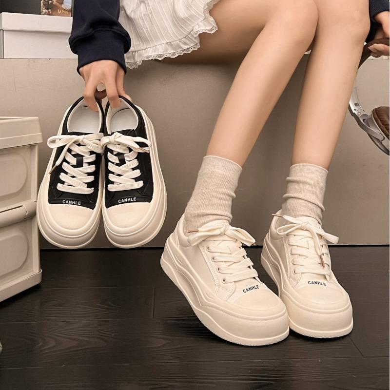 Leather thick-soled casual little white shoes women's spring new round head lace-up versatile soft-soled heightening board shoes