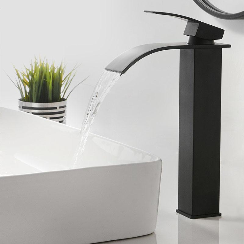 Black Stainless Steel Basin Faucet Waterfall High Style Wash And Cold Mixer Faucets Sink Faucets Countertop Installation