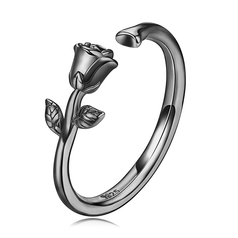 

BAMOER 925 Silver 3D Thorns and Rose Adjustable Finger Rings for Women Plated Black Gold Flower Ring 2 Colors BSR065 чёрный
