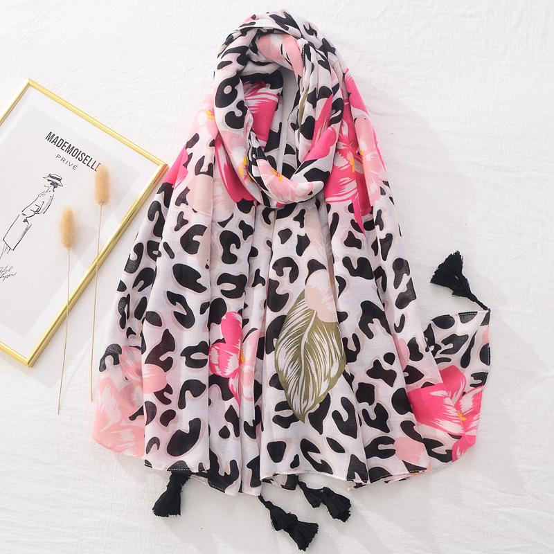 

Fashion Leopard Floral Tassel Viscose Shawl Scarf Lady Luxury Pashmina Hijabs And Wraps Foulard Muslim Sjaal 180*90Cm