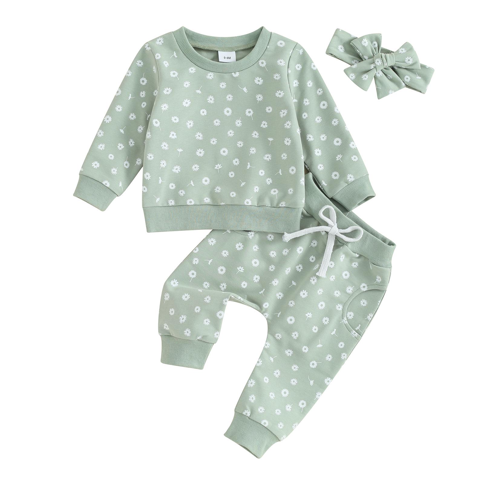 

Наряд для маленьких девочек, толстовка с длинными рукавами и круглым вырезом с цветочным принтом, спортивные штаны, повязка на голову, осенний наряд 0-6 Months