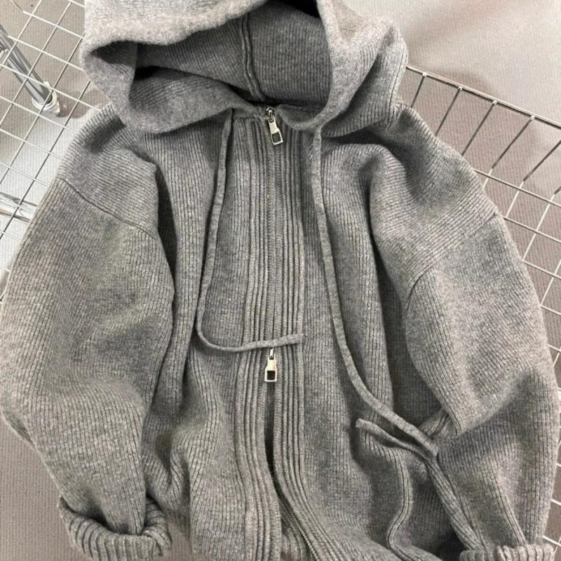 

Куртка-свитер с капюшоном для женщин, свободного кроя для весны, осени, зимы, в повседневном стиле, толстой вязки, на двойной молнии, толстовка, кардиган S серый