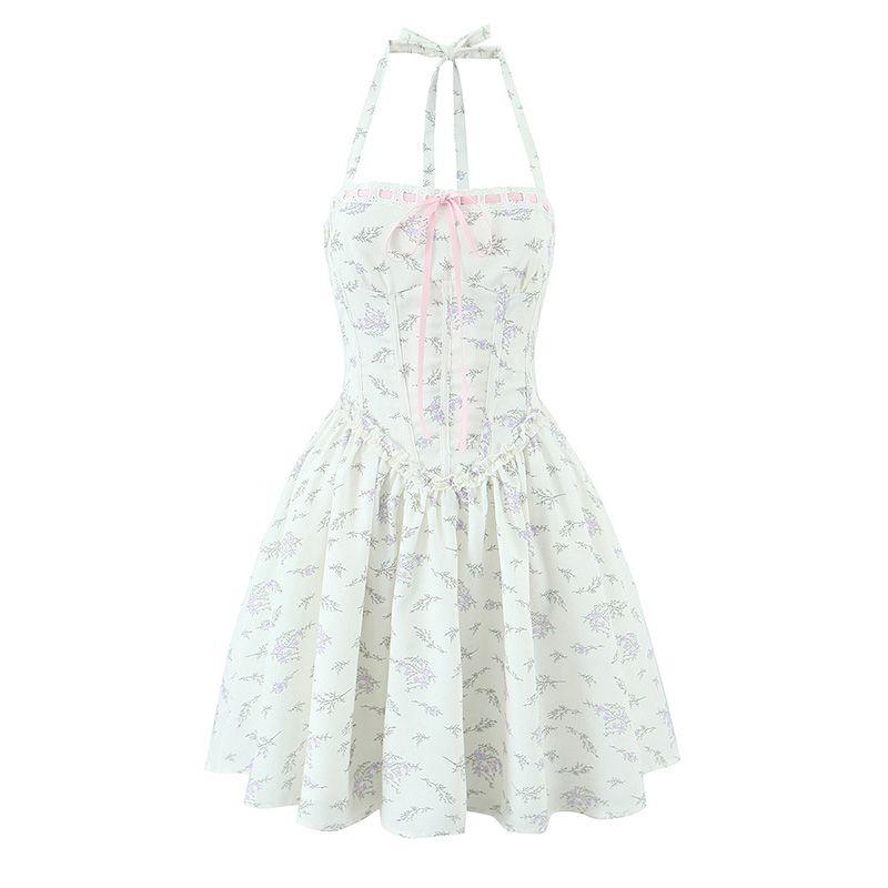

Love Urgent French Pure Desire Atmosphere Sweet Floral Bows Waist Tight Slim Looking Halter Spaghetti Straps Dress Love is urgent L