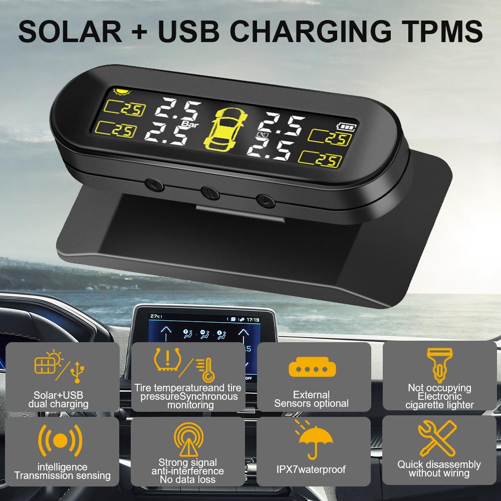 Tire Pressure Monitoring System 4 External Sensors Rotating Holder USB Solar TPMS Car Tyre Pressure Monitor Tyre Pressure Alarm