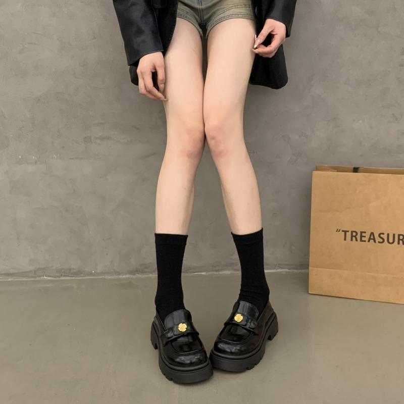 Thick-soled version! Small gold coins increase height, thick heels, small leather shoes, women's spring and autumn versatile black one-pedal loafers