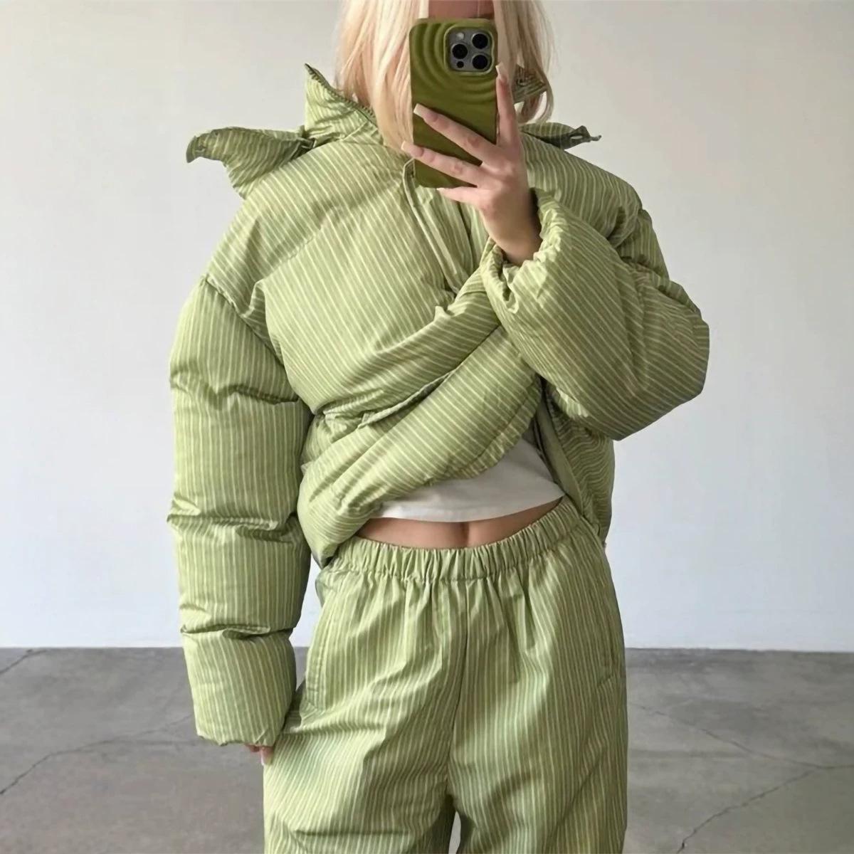 Women Loose Drawstring Striped Warm Thick