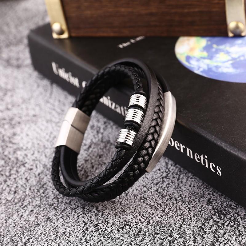 Multi-Layer Braided Leather Bracelet With Stainless Steel Magnetic Clasp Men Geometric Style Fashion Accessory