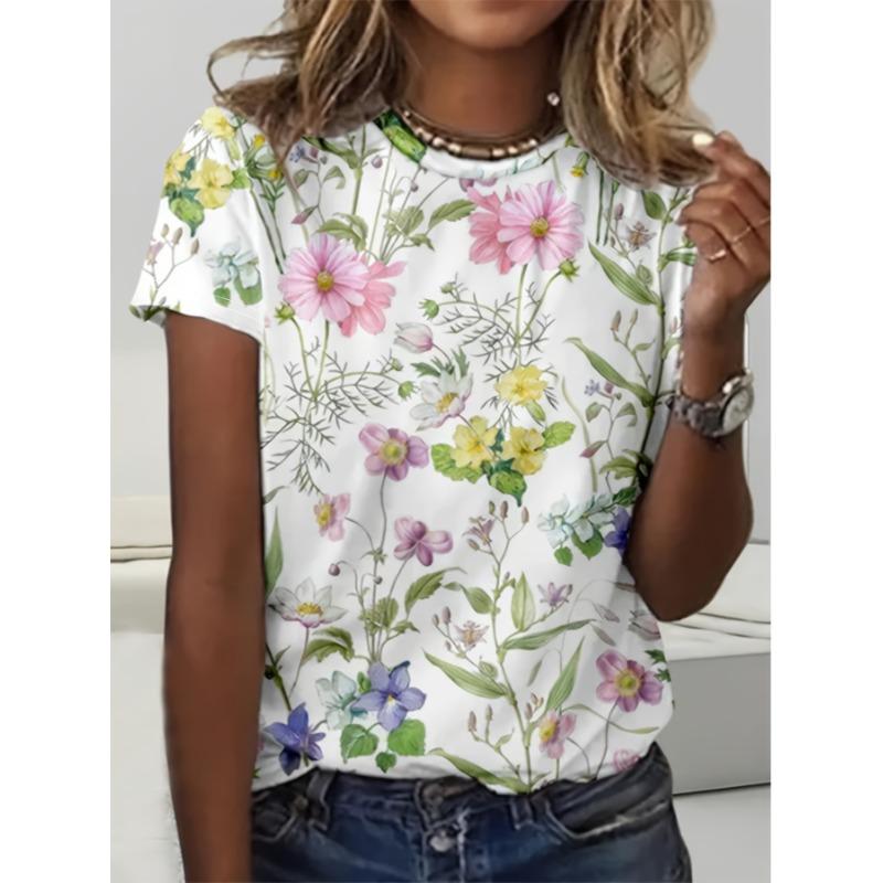 Women s T-shirt - Female 3D Floral Print Century Clothing - Women s Daily Casual Fashion - Short-Sleeved T-shirt Top XL