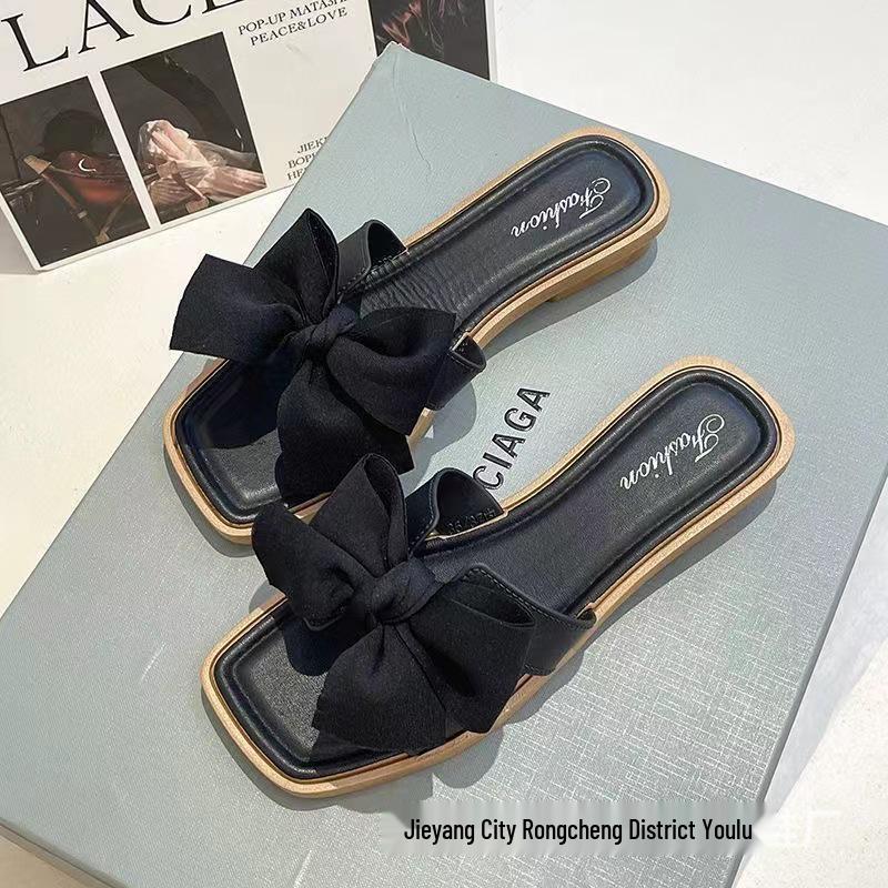 Square Toe Bow Casual Non-Slip Flat Sandals - Women's Comfortable Summer Flip Flops