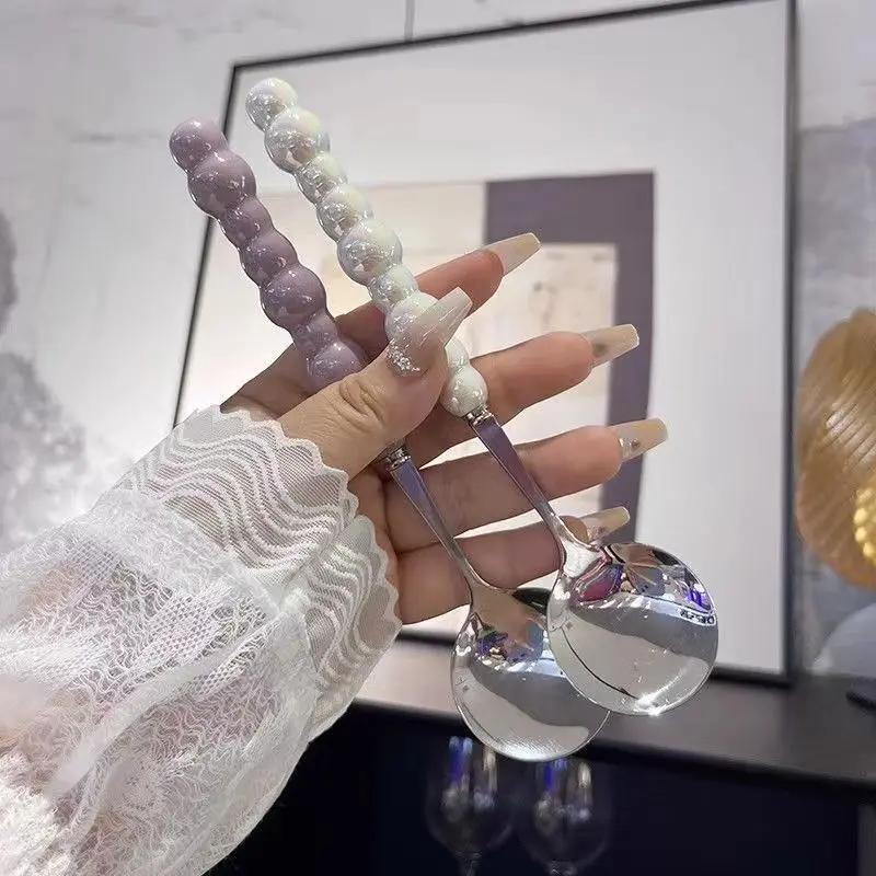 Fashion Home Pearl Handle Spoon Creativity Stainless Steel Spoon Tableware Table Household Dining Coffee Teaspoons Soup Spoon