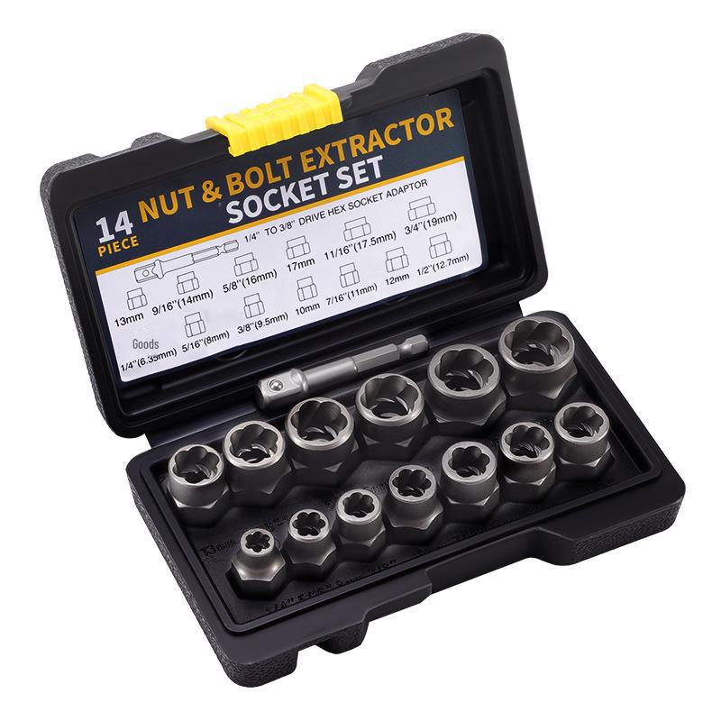 14-Piece Industrial-Grade High Torque Screw & Nut Extractor with Reverse Tooth Design