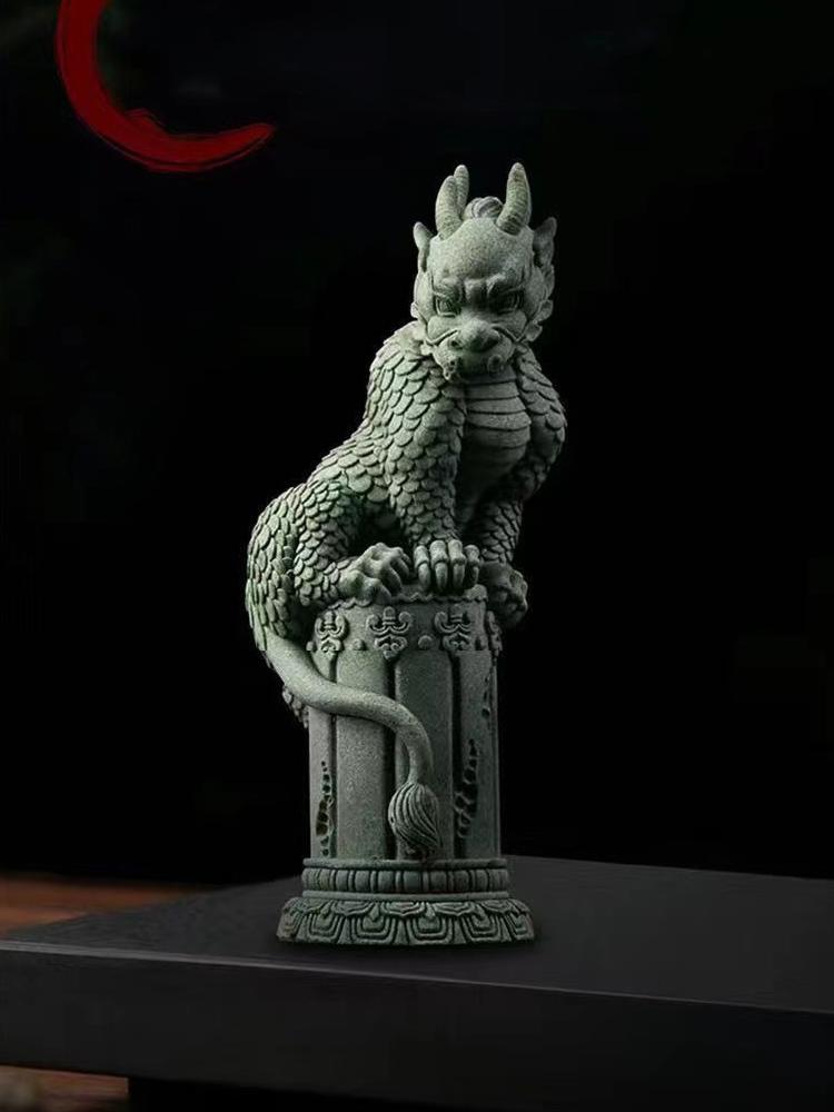 Čína Maska Pan Dragon Sloup Dekorativní socha Zelený pískovcový kámen Sochařství Domov Obývací pokoj, Místnost Kancelář Feng Shui Socha