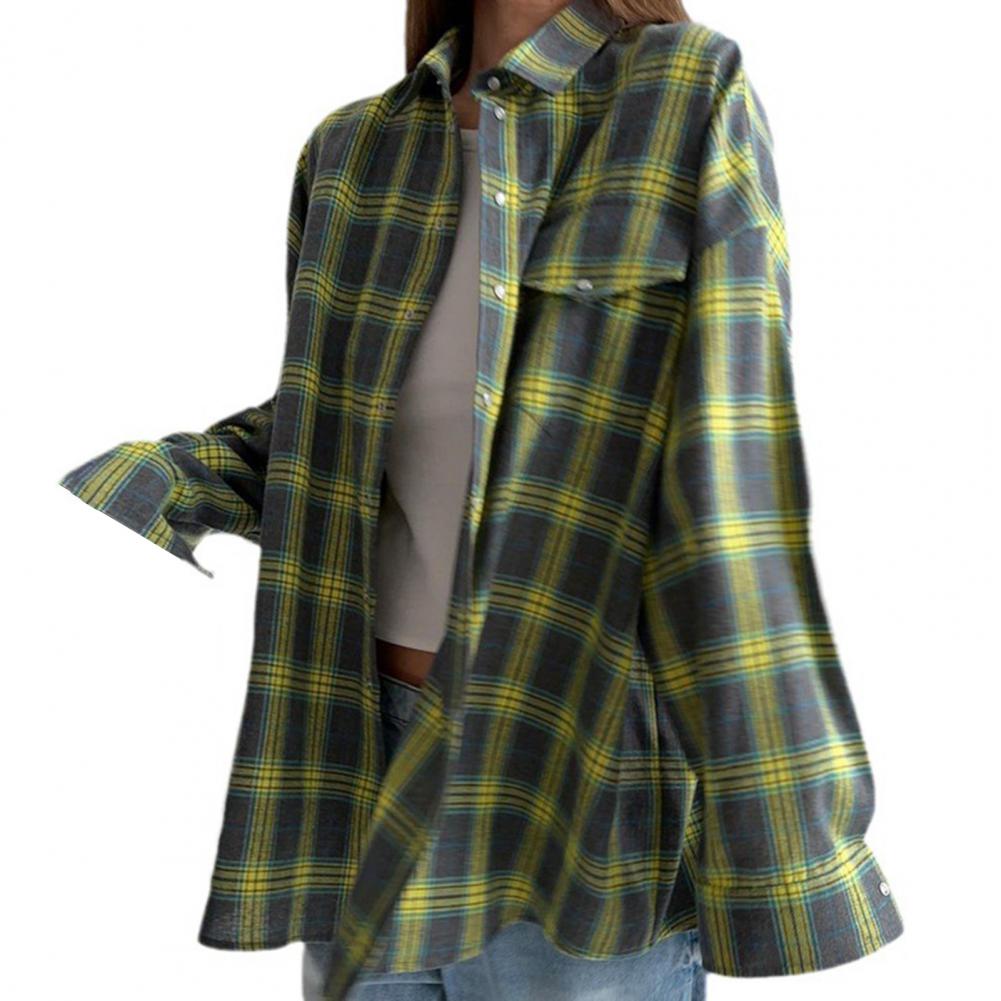 Women Shirt Lapel Long Sleeve Flap Pockets Single Breasted Shirt Plaid Print Loose Fit Breathable Comfortable Casual Fit Shirt