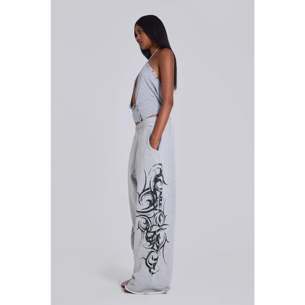 Gray Vintage Graphic Print Pants Wide Leg American Style Jogging Loose Sweatpants Harajuku Hip Hop Streetwear New