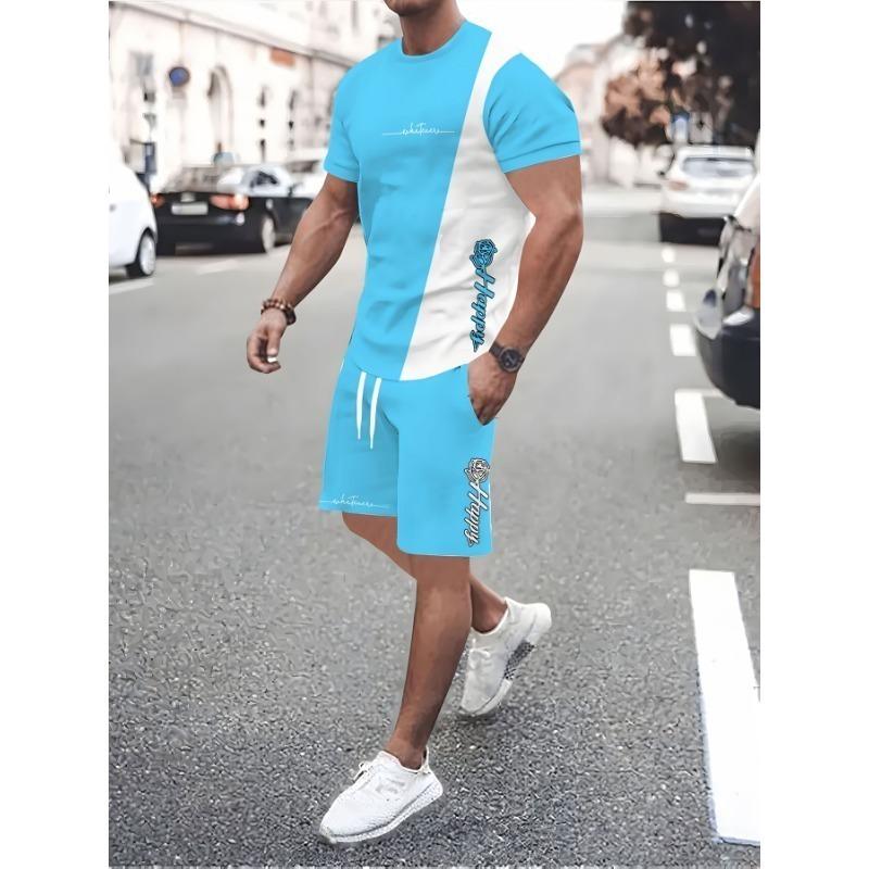 Men's Large Size Lion Pattern Print Fashion Round Neck Top T-shirt and Shorts Set