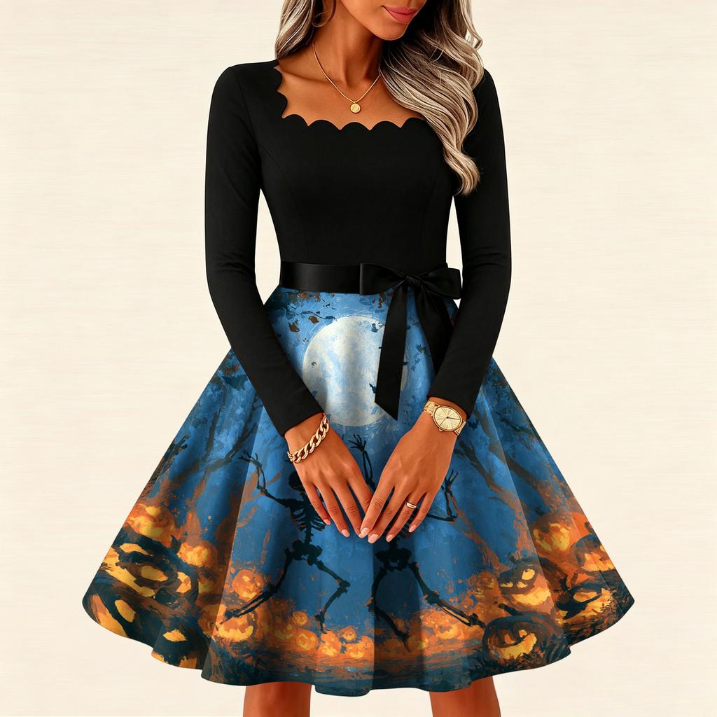 Women's Vintage Long Sleeve Square Neck Halloween Printed Party Dress for Evening Wear