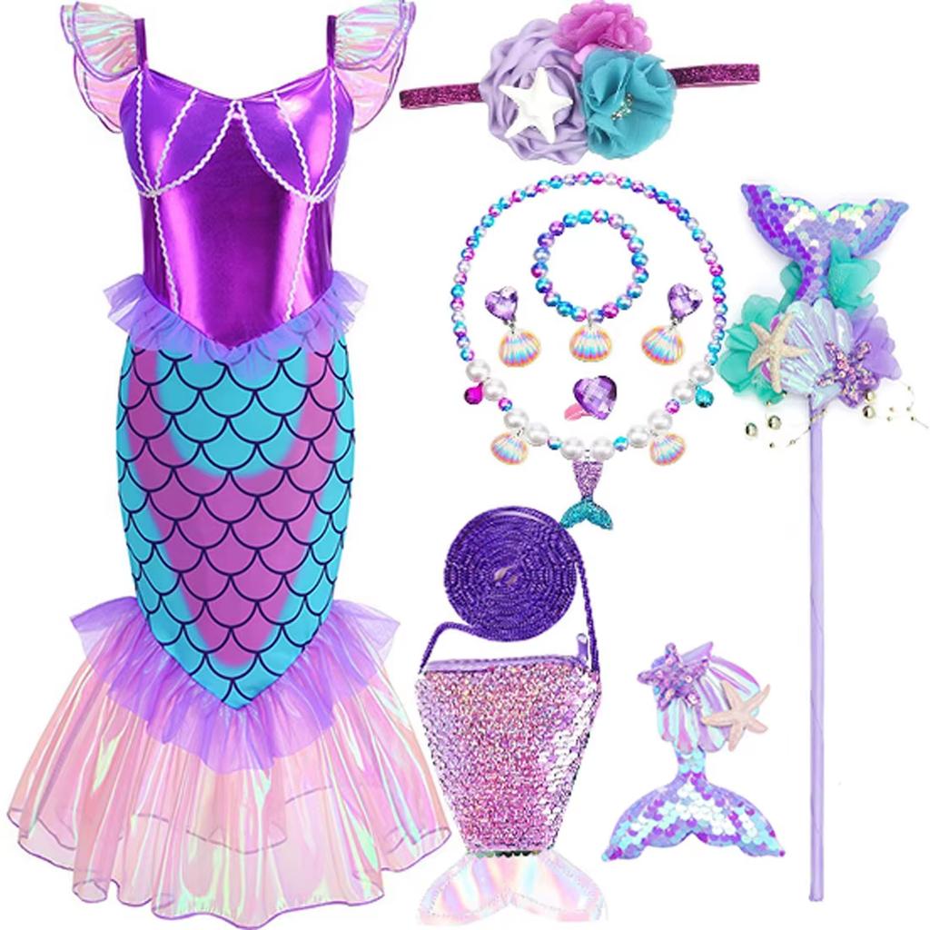 New Mermaid Dress For Girls Halloween Party Girl Cosplay Purple Ariel Mermaid Dress + Accessories Set 3-10 Years