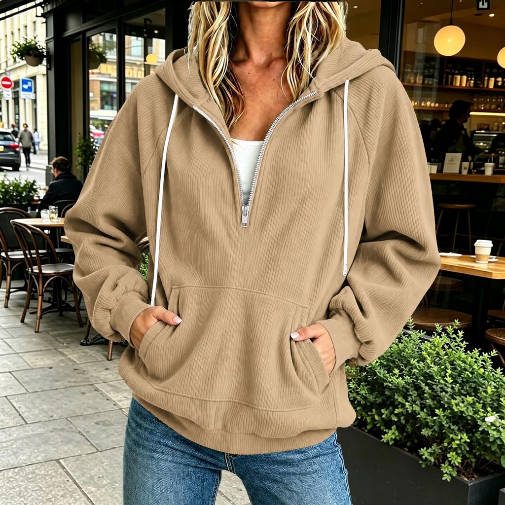 Women's Casual Half Zip Long Sleeve Loose Fit Color Hoodie