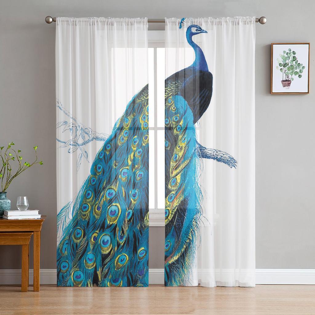 Peacock Feathers Green Curtain Window Tulle For Living Room Bedroom Kitchen Chiffon Sheer Window Treatment Decorations