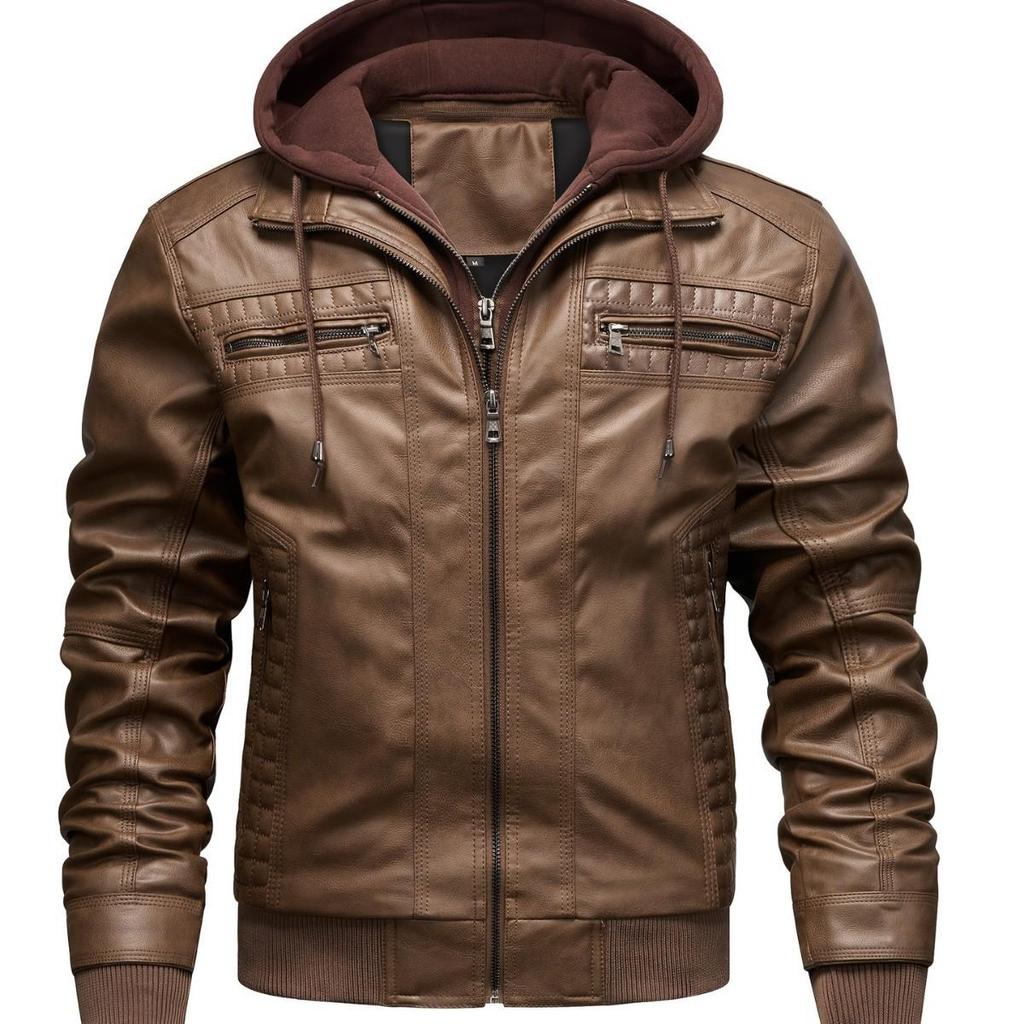 Men's Winter Plus Size PU Leather Jacket with Detachable Hood - Fleece-Lined Motorcycle Coat, European & American Style