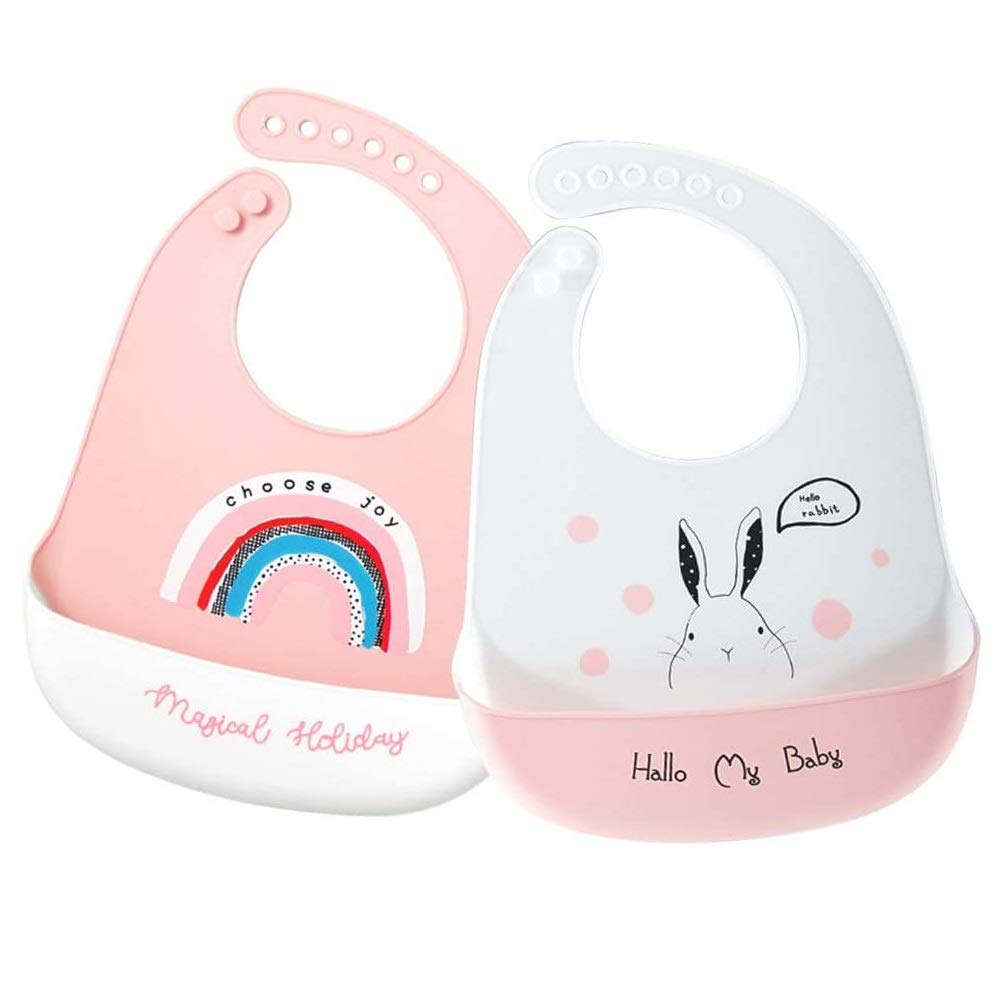 Silicone Bib Baby Mealtime with Catches and Rabbit [KAGAWA] Apron, 3D, Sleeveless, Washable, Pockets, Spills! (Rainbow Design)