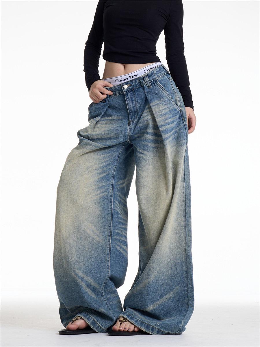 Unisex American Retro Distressed Wide Leg Jeans with Cat Whiskers Design Extra Large